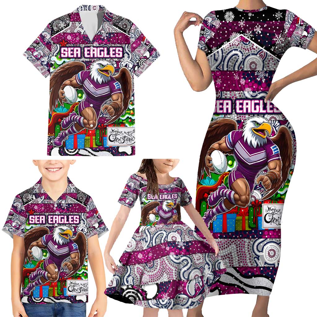 Custom Sea Eagles Rugby Merry Christmas Family Matching Short Sleeve Bodycon Dress and Hawaiian Shirt Indigenous Australian Art