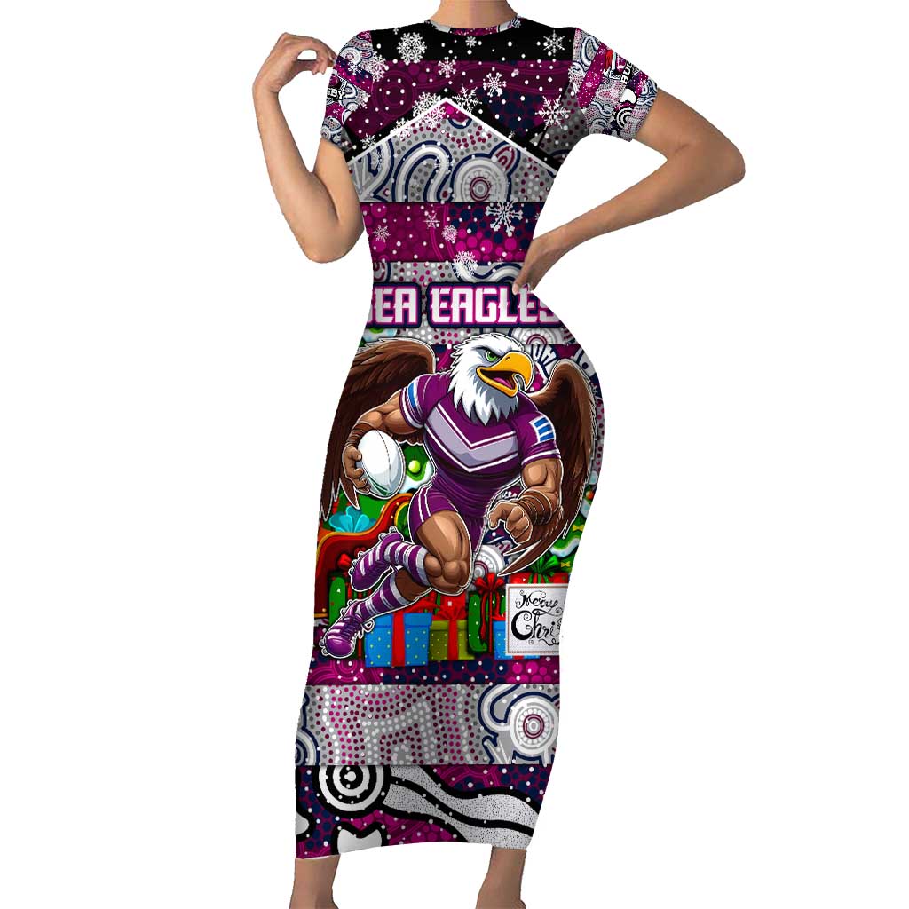 Custom Sea Eagles Rugby Merry Christmas Family Matching Short Sleeve Bodycon Dress and Hawaiian Shirt Indigenous Australian Art