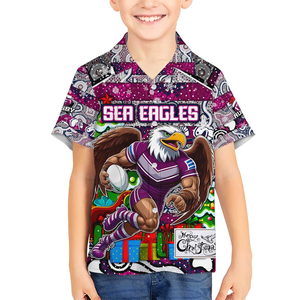 Custom Sea Eagles Rugby Merry Christmas Family Matching Short Sleeve Bodycon Dress and Hawaiian Shirt Indigenous Australian Art
