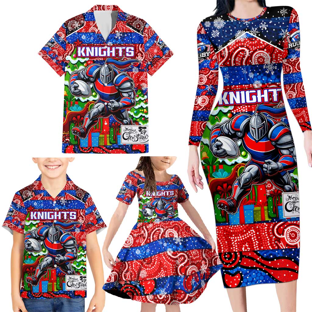Custom Knights Rugby Merry Christmas Family Matching Long Sleeve Bodycon Dress and Hawaiian Shirt Indigenous Australian Art