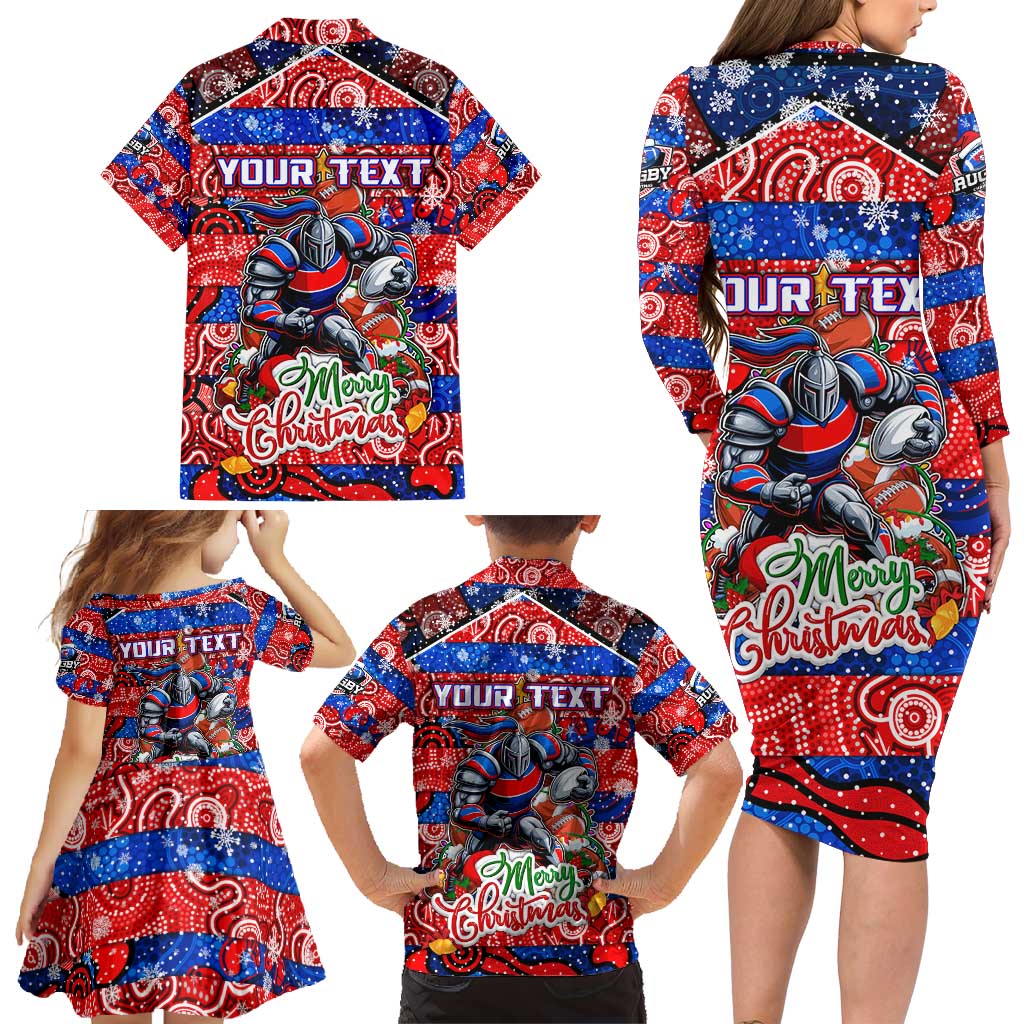 Custom Knights Rugby Merry Christmas Family Matching Long Sleeve Bodycon Dress and Hawaiian Shirt Indigenous Australian Art