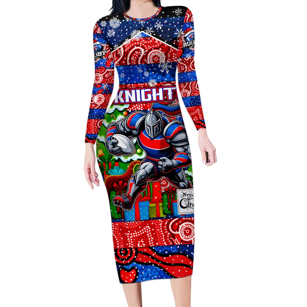 Custom Knights Rugby Merry Christmas Family Matching Long Sleeve Bodycon Dress and Hawaiian Shirt Indigenous Australian Art