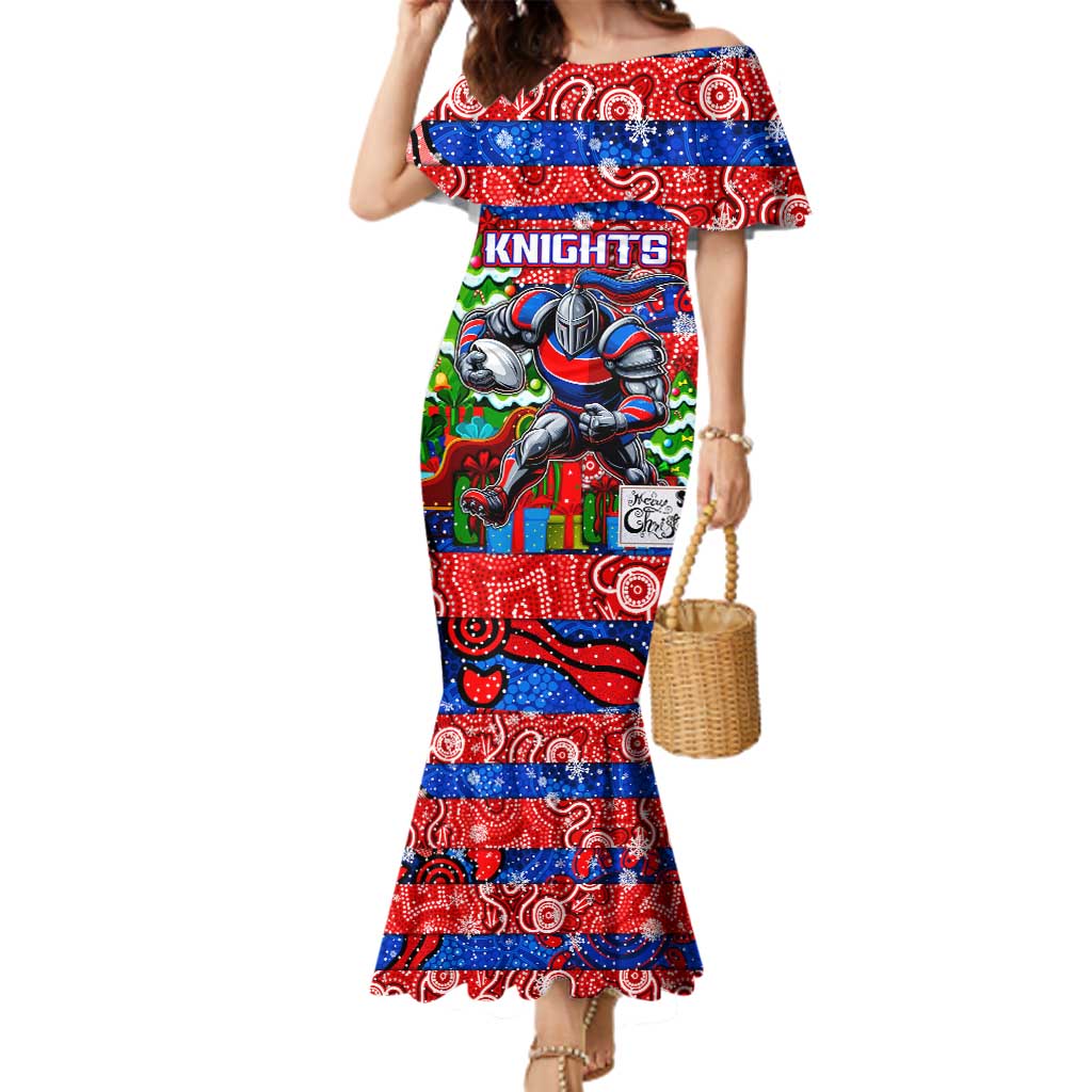 Custom Knights Rugby Merry Christmas Family Matching Mermaid Dress and Hawaiian Shirt Indigenous Australian Art