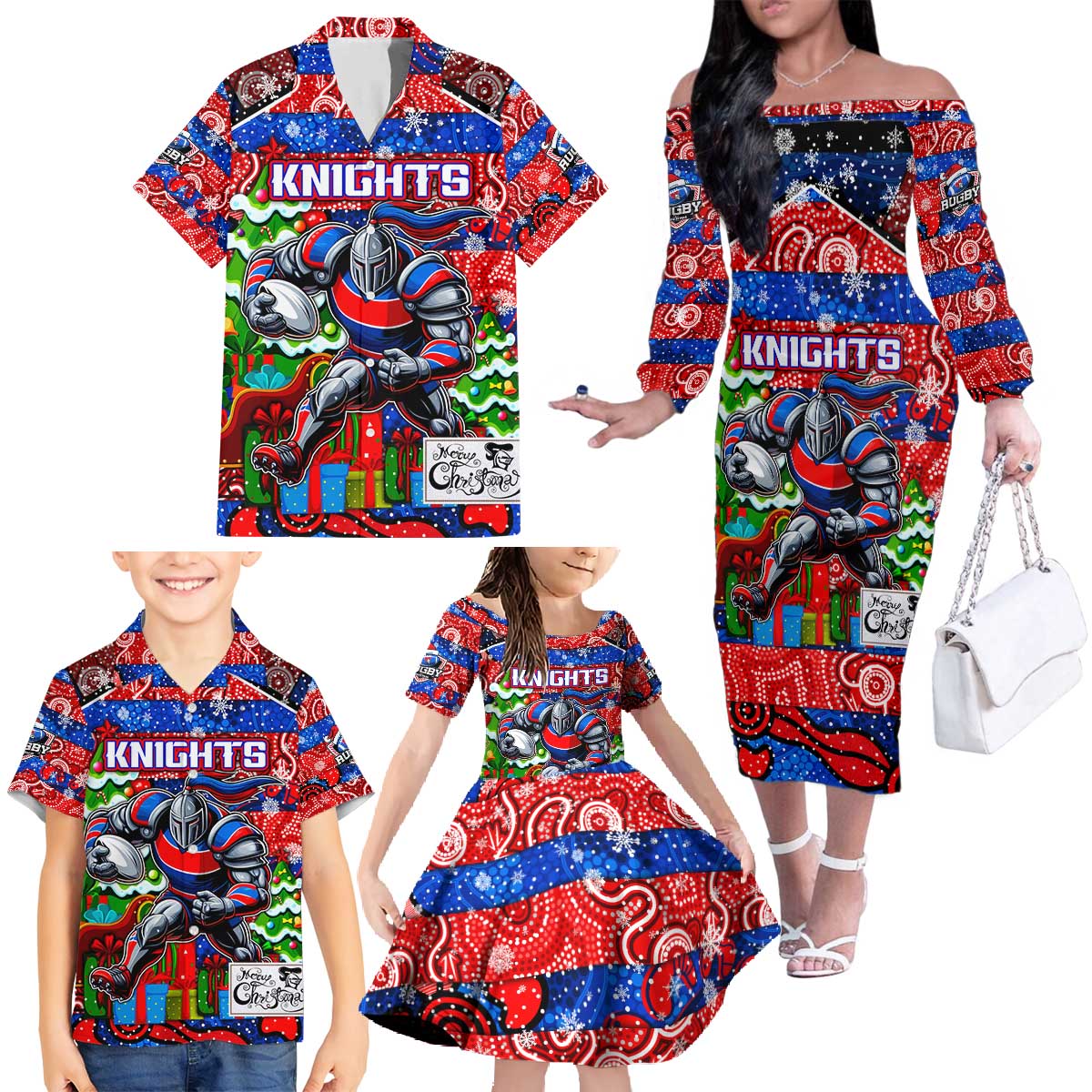Custom Knights Rugby Merry Christmas Family Matching Off The Shoulder Long Sleeve Dress and Hawaiian Shirt Indigenous Australian Art