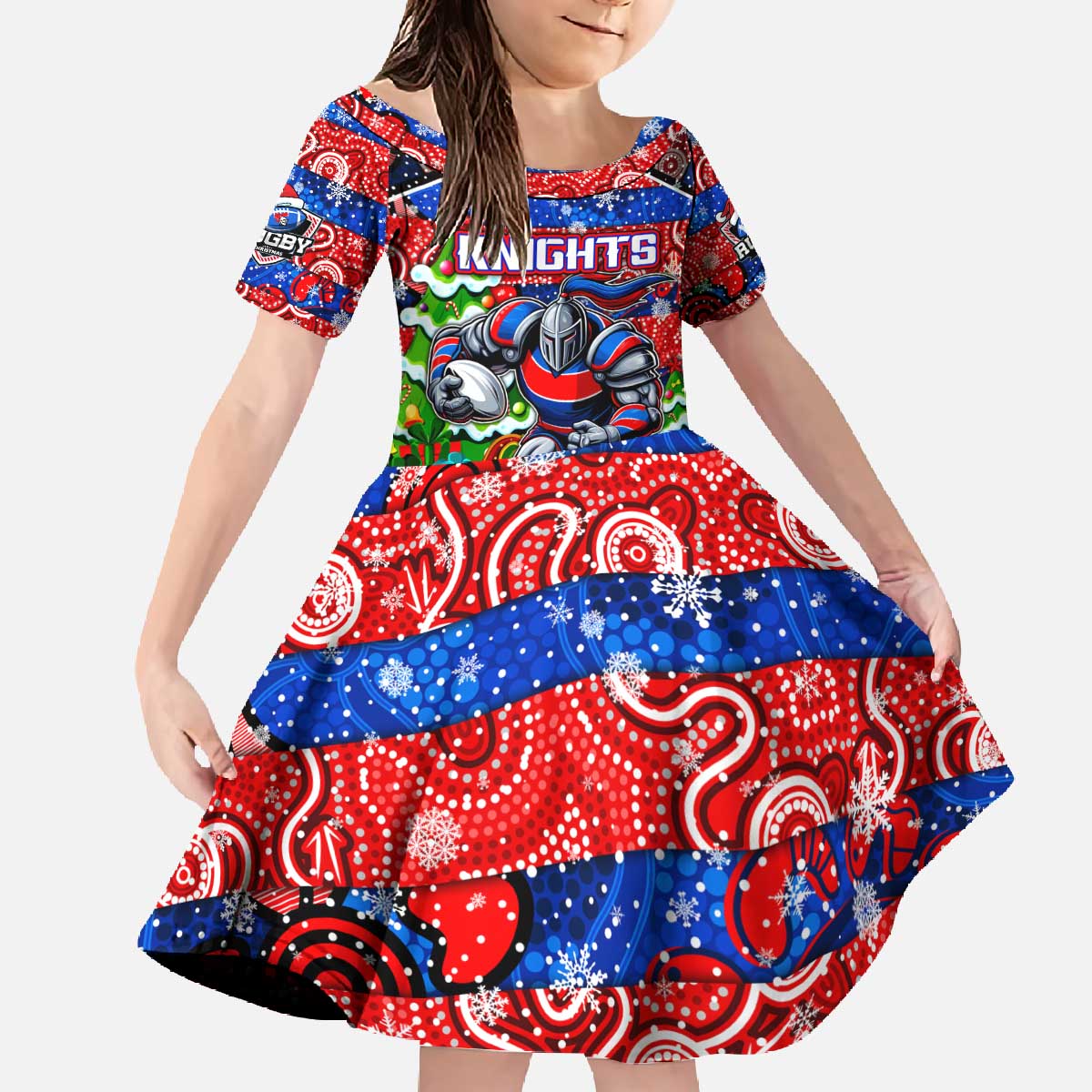 Custom Knights Rugby Merry Christmas Family Matching Off The Shoulder Long Sleeve Dress and Hawaiian Shirt Indigenous Australian Art