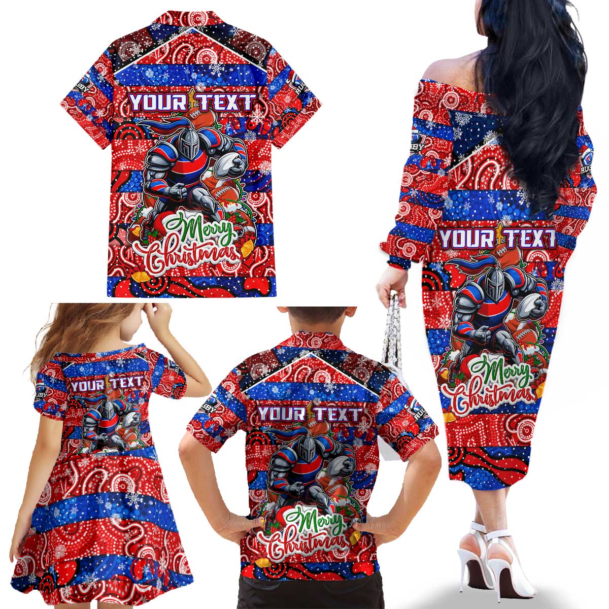 Custom Knights Rugby Merry Christmas Family Matching Off The Shoulder Long Sleeve Dress and Hawaiian Shirt Indigenous Australian Art