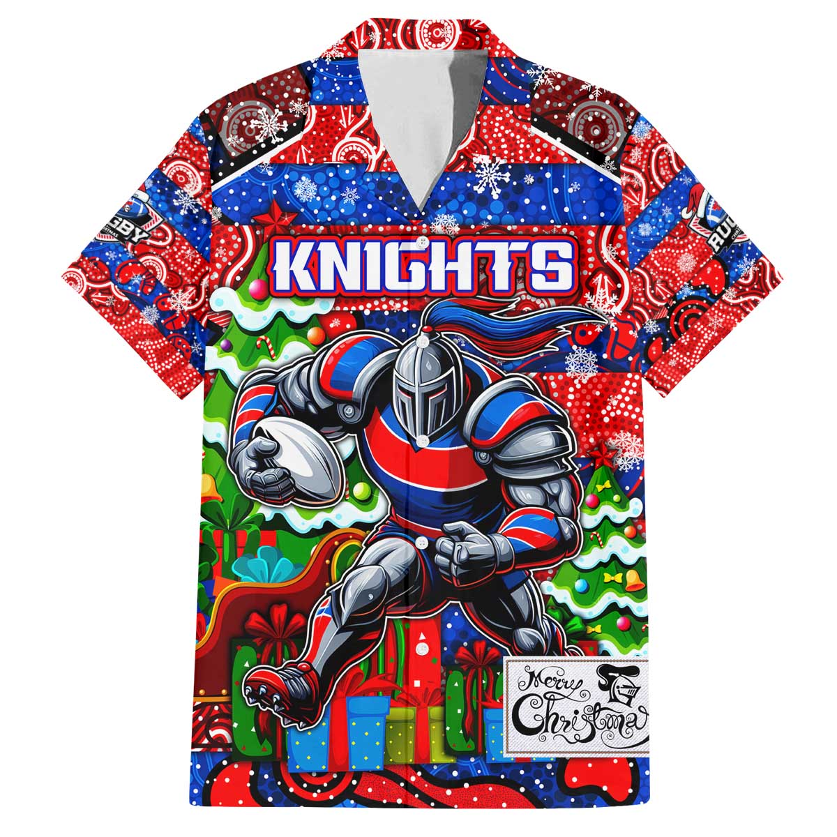 Custom Knights Rugby Merry Christmas Family Matching Off The Shoulder Long Sleeve Dress and Hawaiian Shirt Indigenous Australian Art