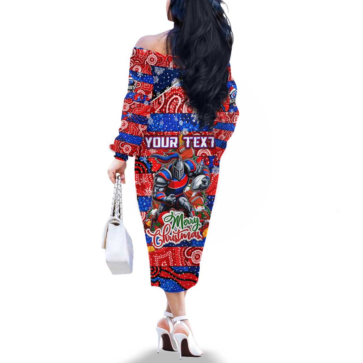Custom Knights Rugby Merry Christmas Family Matching Off The Shoulder Long Sleeve Dress and Hawaiian Shirt Indigenous Australian Art