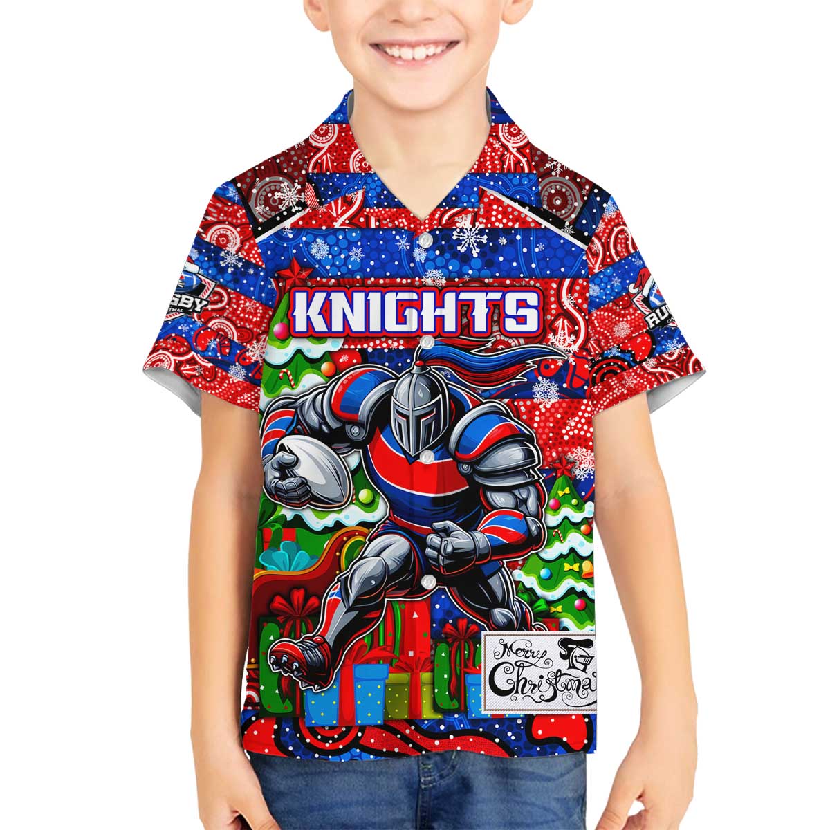 Custom Knights Rugby Merry Christmas Family Matching Off The Shoulder Long Sleeve Dress and Hawaiian Shirt Indigenous Australian Art