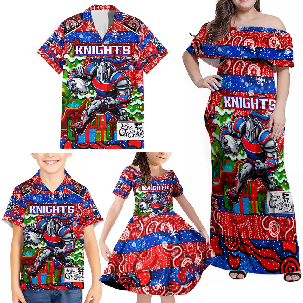 Custom Knights Rugby Merry Christmas Family Matching Off Shoulder Maxi Dress and Hawaiian Shirt Indigenous Australian Art