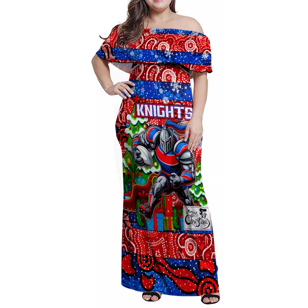 Custom Knights Rugby Merry Christmas Family Matching Off Shoulder Maxi Dress and Hawaiian Shirt Indigenous Australian Art