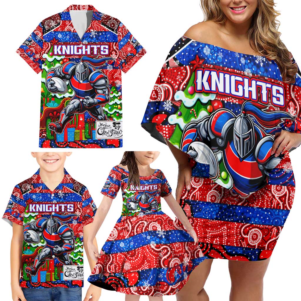 Custom Knights Rugby Merry Christmas Family Matching Off Shoulder Short Dress and Hawaiian Shirt Indigenous Australian Art
