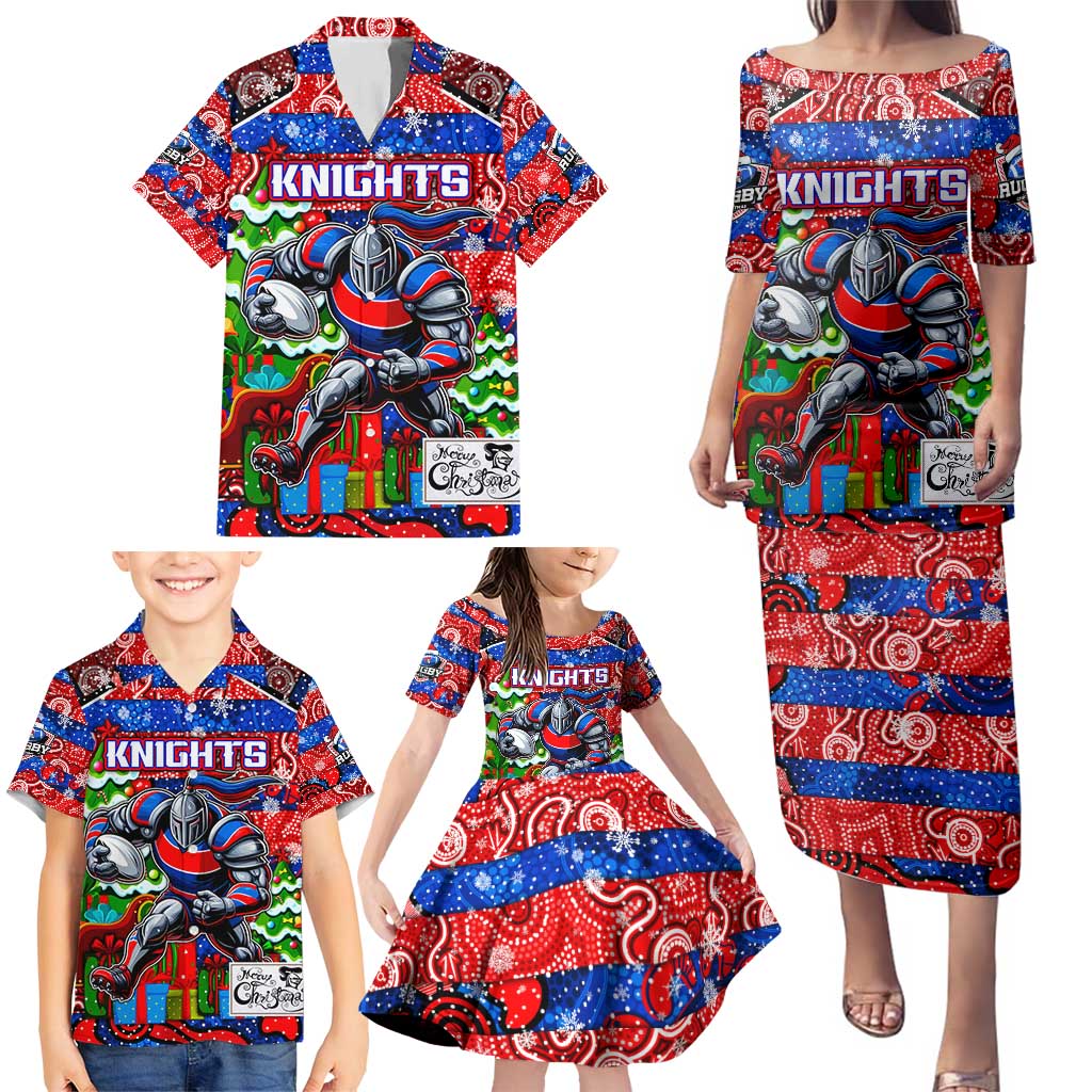 Custom Knights Rugby Merry Christmas Family Matching Puletasi and Hawaiian Shirt Indigenous Australian Art