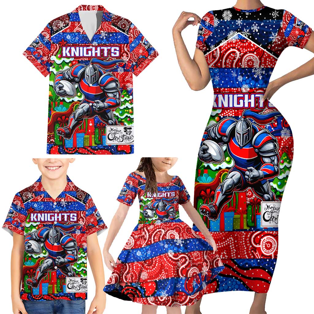 Custom Knights Rugby Merry Christmas Family Matching Short Sleeve Bodycon Dress and Hawaiian Shirt Indigenous Australian Art