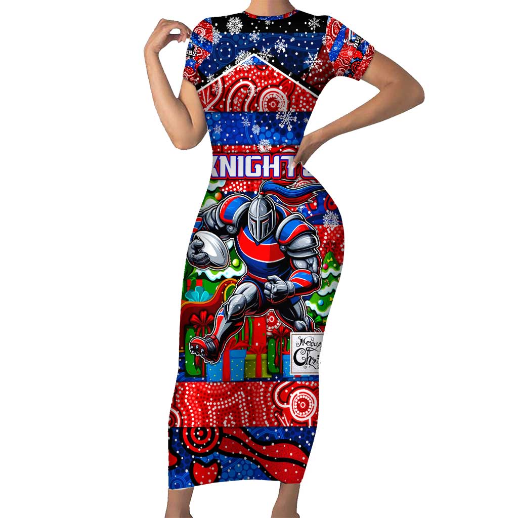 Custom Knights Rugby Merry Christmas Family Matching Short Sleeve Bodycon Dress and Hawaiian Shirt Indigenous Australian Art