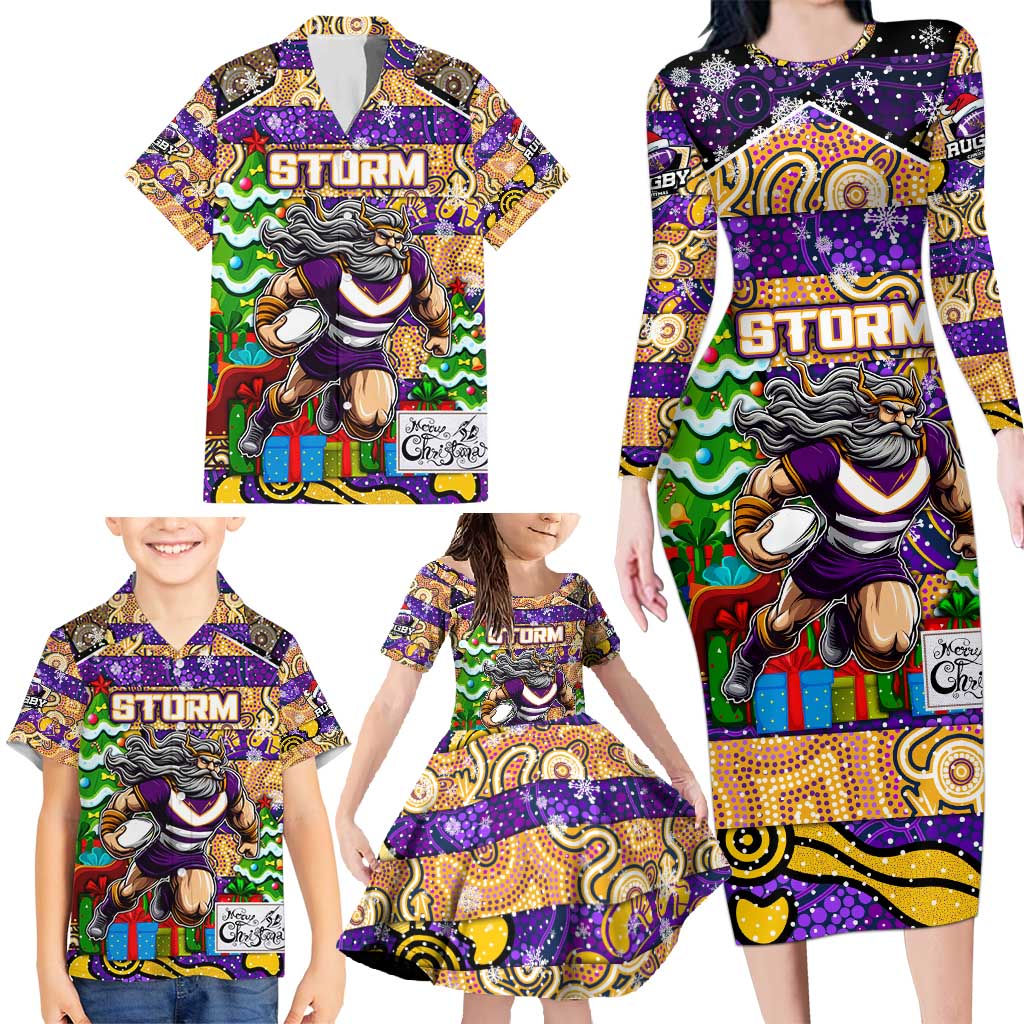 Custom Storm Rugby Merry Christmas Family Matching Long Sleeve Bodycon Dress and Hawaiian Shirt Indigenous Australian Art