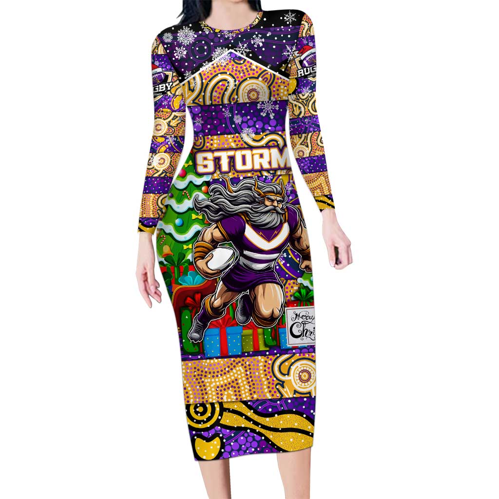 Custom Storm Rugby Merry Christmas Family Matching Long Sleeve Bodycon Dress and Hawaiian Shirt Indigenous Australian Art