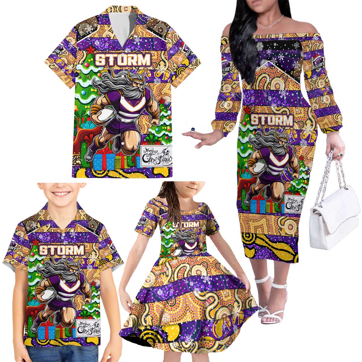 Custom Storm Rugby Merry Christmas Family Matching Off The Shoulder Long Sleeve Dress and Hawaiian Shirt Indigenous Australian Art
