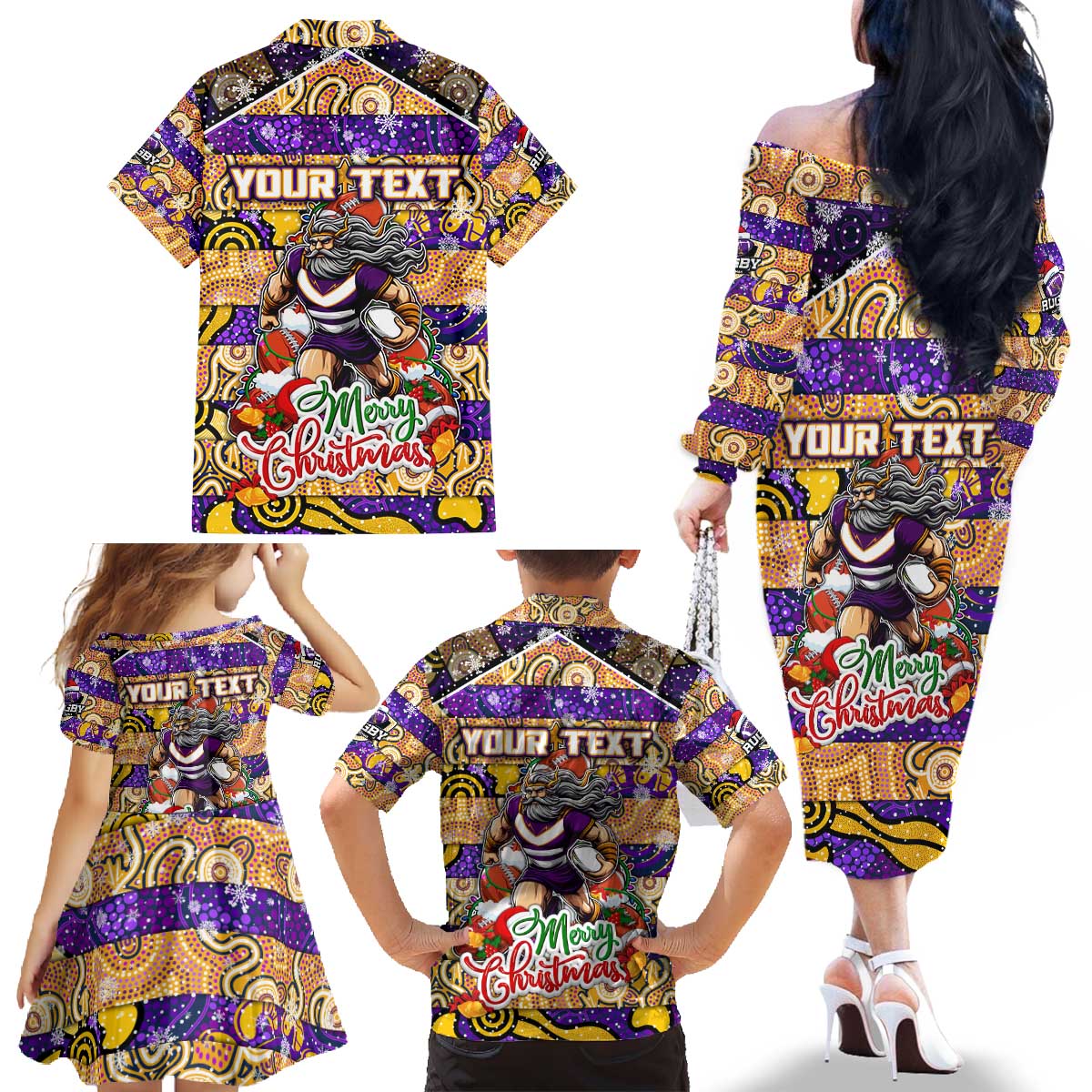 Custom Storm Rugby Merry Christmas Family Matching Off The Shoulder Long Sleeve Dress and Hawaiian Shirt Indigenous Australian Art