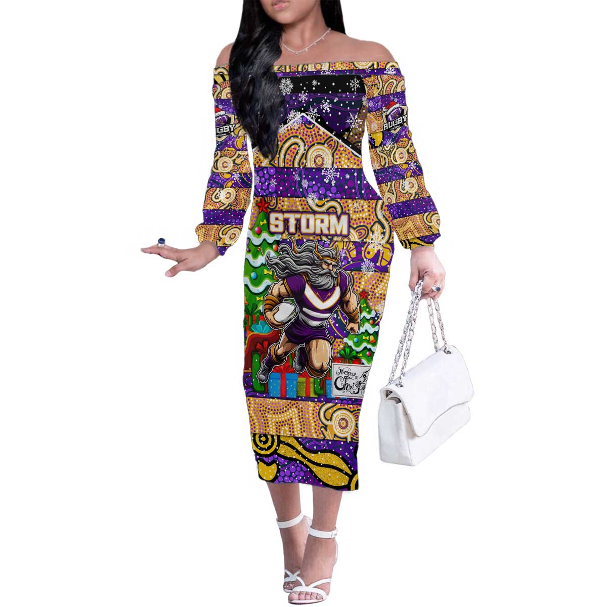 Custom Storm Rugby Merry Christmas Family Matching Off The Shoulder Long Sleeve Dress and Hawaiian Shirt Indigenous Australian Art