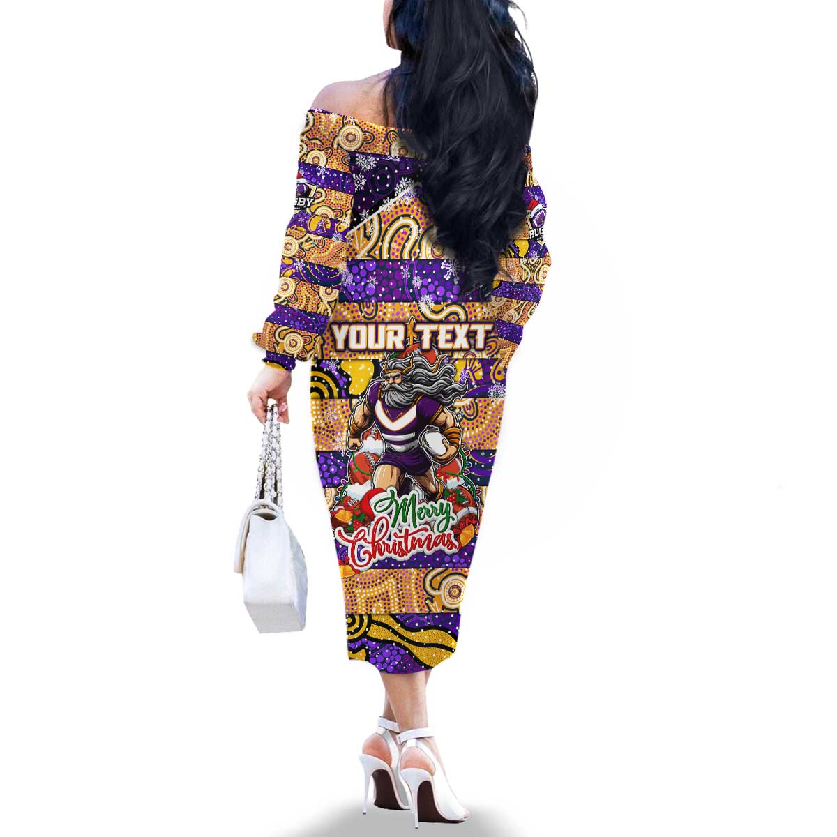 Custom Storm Rugby Merry Christmas Family Matching Off The Shoulder Long Sleeve Dress and Hawaiian Shirt Indigenous Australian Art