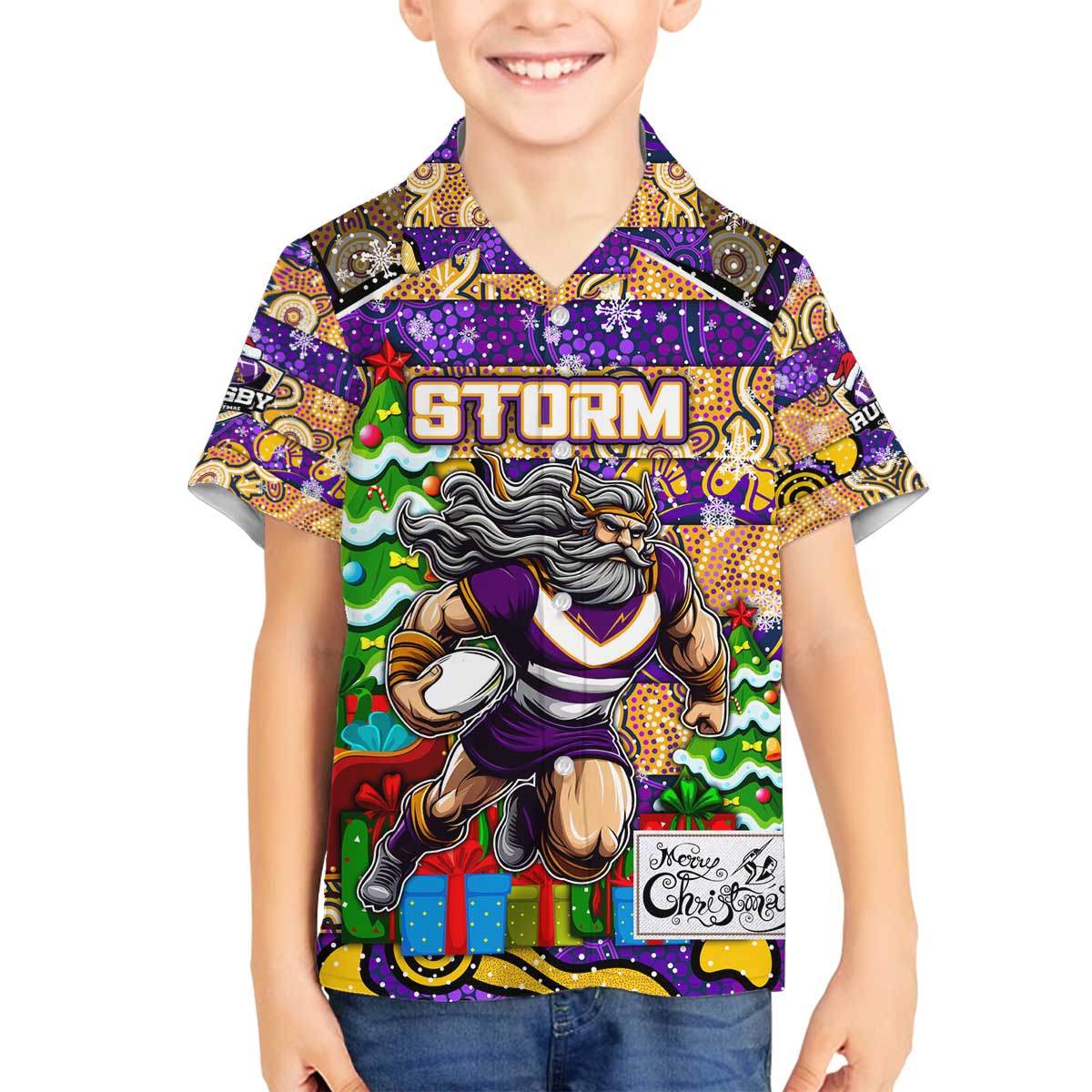 Custom Storm Rugby Merry Christmas Family Matching Off The Shoulder Long Sleeve Dress and Hawaiian Shirt Indigenous Australian Art