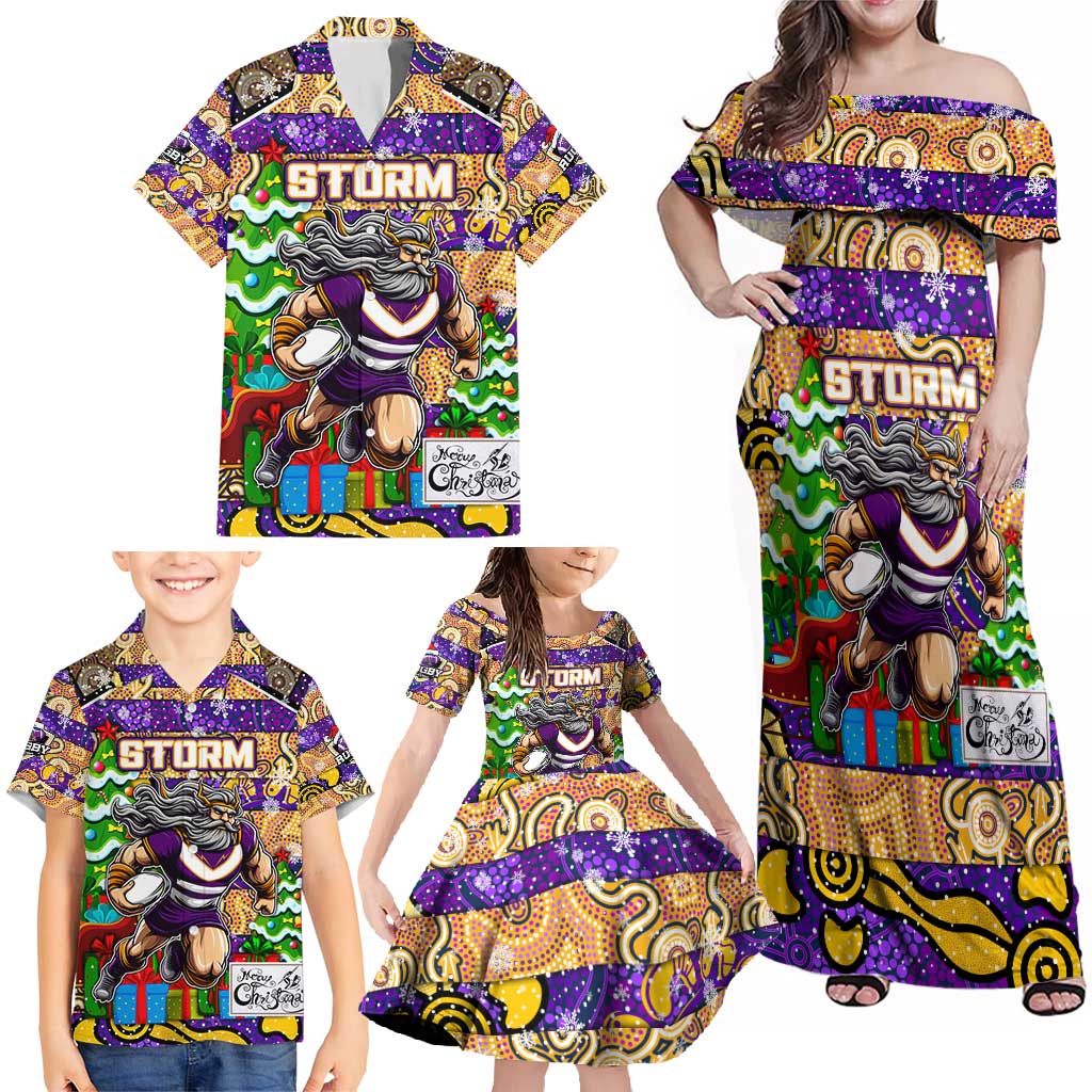 Custom Storm Rugby Merry Christmas Family Matching Off Shoulder Maxi Dress and Hawaiian Shirt Indigenous Australian Art