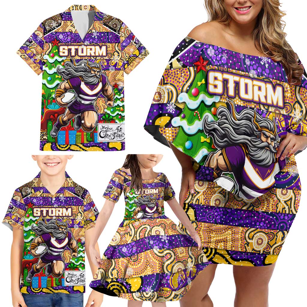 Custom Storm Rugby Merry Christmas Family Matching Off Shoulder Short Dress and Hawaiian Shirt Indigenous Australian Art