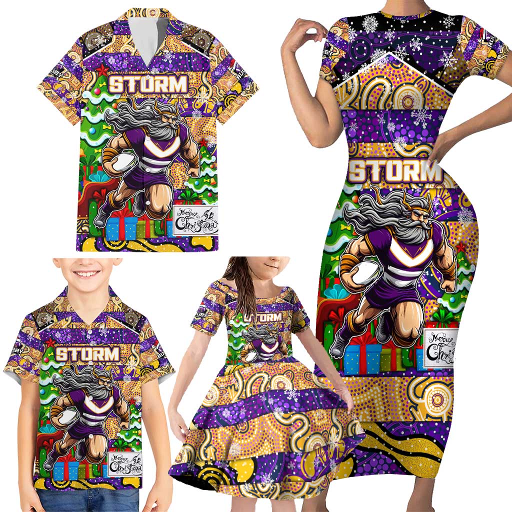 Custom Storm Rugby Merry Christmas Family Matching Short Sleeve Bodycon Dress and Hawaiian Shirt Indigenous Australian Art