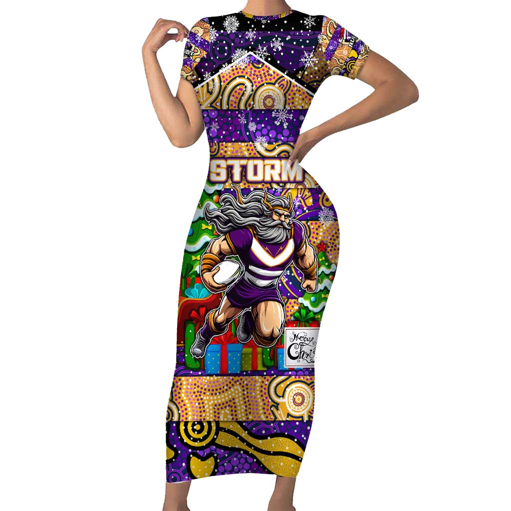 Custom Storm Rugby Merry Christmas Family Matching Short Sleeve Bodycon Dress and Hawaiian Shirt Indigenous Australian Art