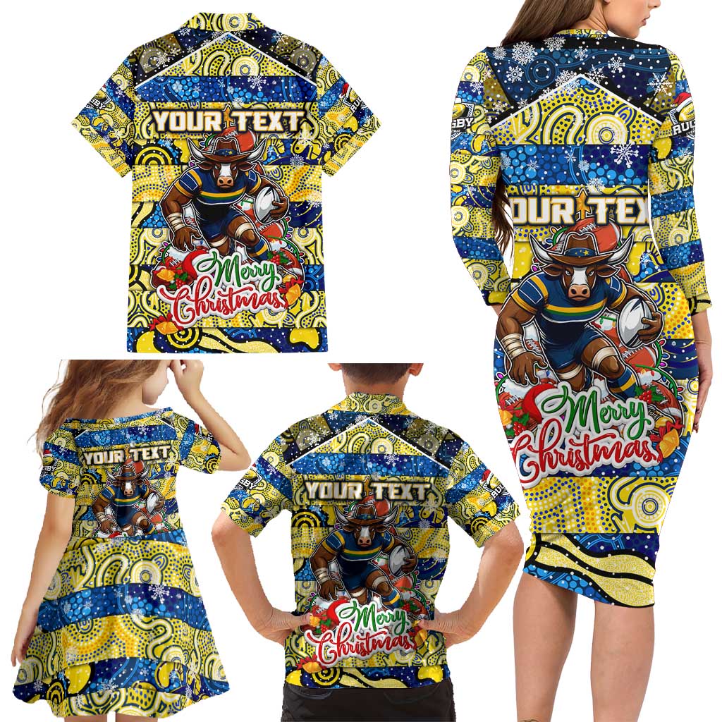 Custom Cowboys Rugby Merry Christmas Family Matching Long Sleeve Bodycon Dress and Hawaiian Shirt Indigenous Australian Art