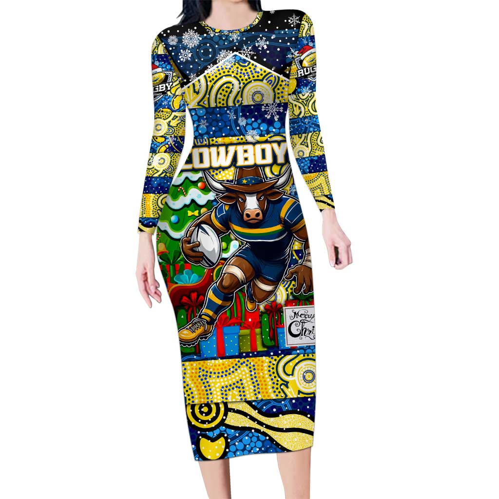 Custom Cowboys Rugby Merry Christmas Family Matching Long Sleeve Bodycon Dress and Hawaiian Shirt Indigenous Australian Art