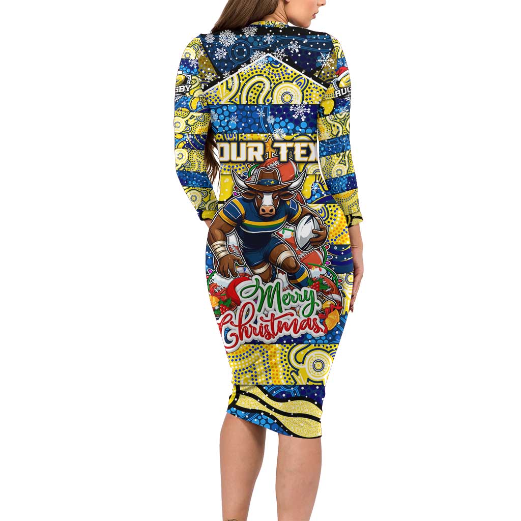 Custom Cowboys Rugby Merry Christmas Family Matching Long Sleeve Bodycon Dress and Hawaiian Shirt Indigenous Australian Art