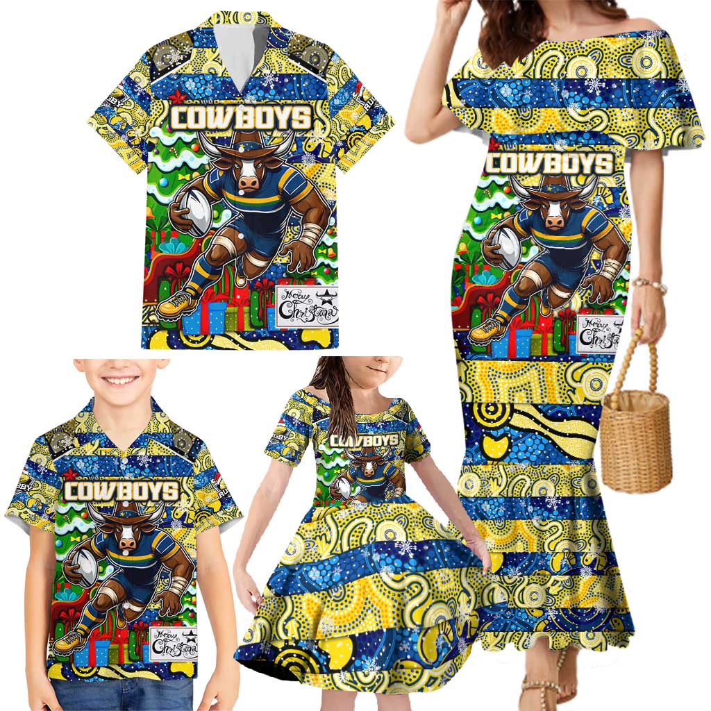Custom Cowboys Rugby Merry Christmas Family Matching Mermaid Dress and Hawaiian Shirt Indigenous Australian Art