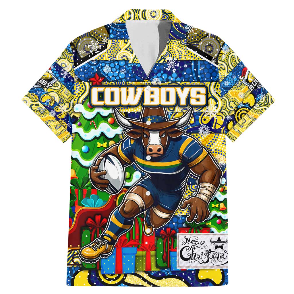 Custom Cowboys Rugby Merry Christmas Family Matching Mermaid Dress and Hawaiian Shirt Indigenous Australian Art
