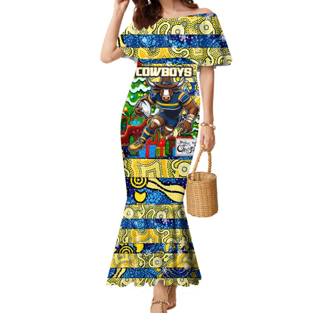 Custom Cowboys Rugby Merry Christmas Family Matching Mermaid Dress and Hawaiian Shirt Indigenous Australian Art