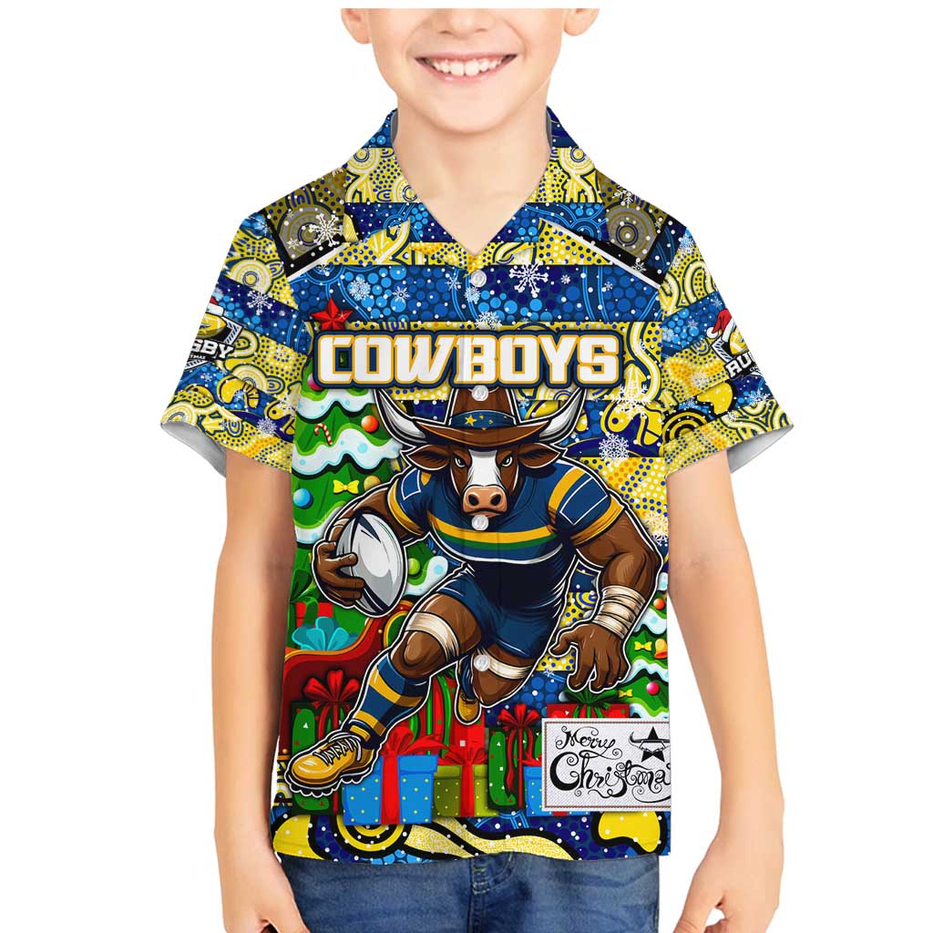 Custom Cowboys Rugby Merry Christmas Family Matching Mermaid Dress and Hawaiian Shirt Indigenous Australian Art
