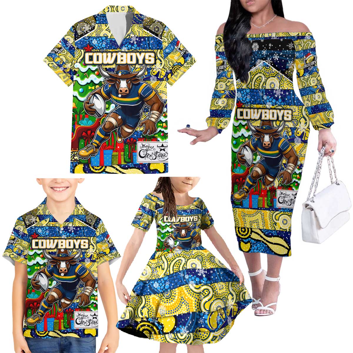 Custom Cowboys Rugby Merry Christmas Family Matching Off The Shoulder Long Sleeve Dress and Hawaiian Shirt Indigenous Australian Art