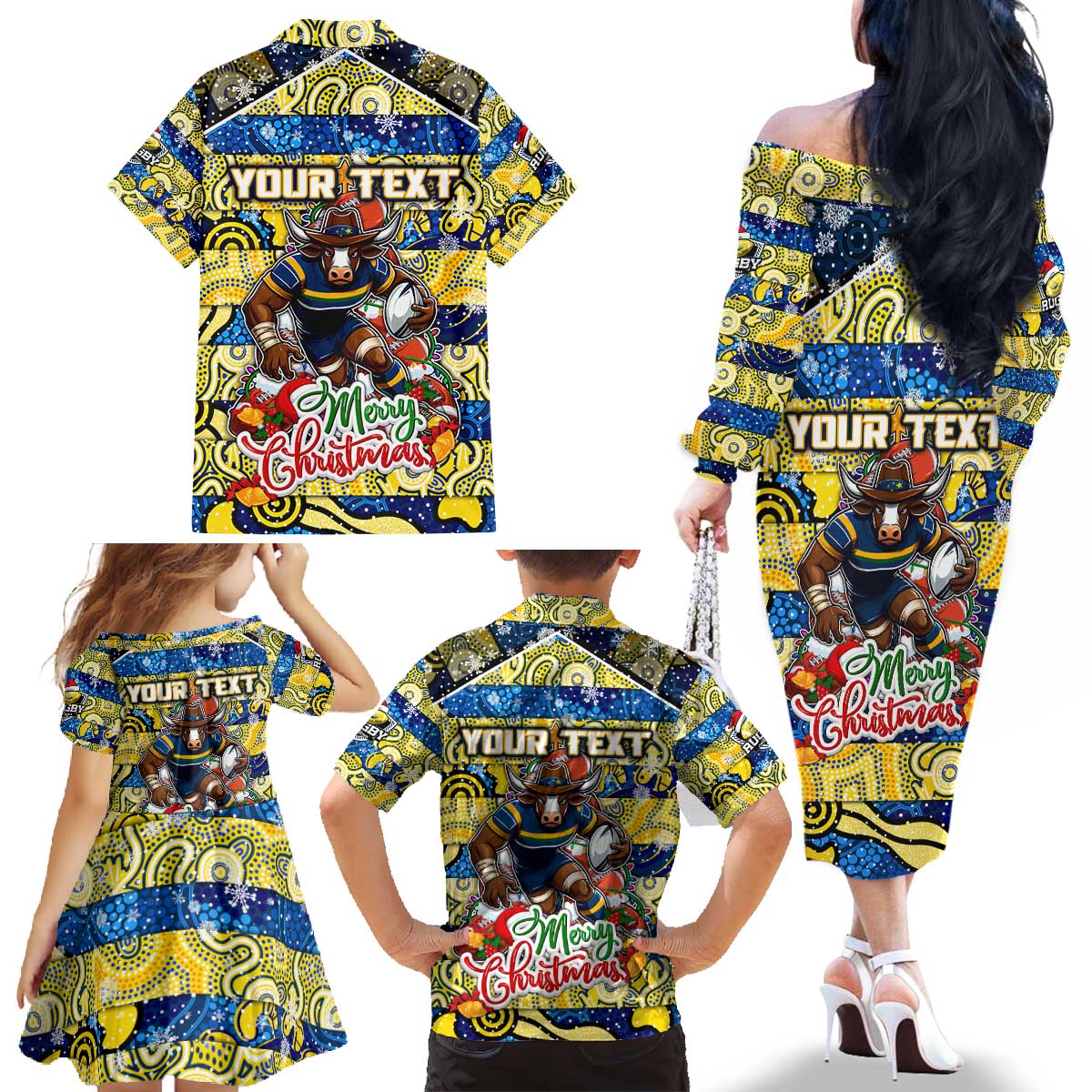 Custom Cowboys Rugby Merry Christmas Family Matching Off The Shoulder Long Sleeve Dress and Hawaiian Shirt Indigenous Australian Art