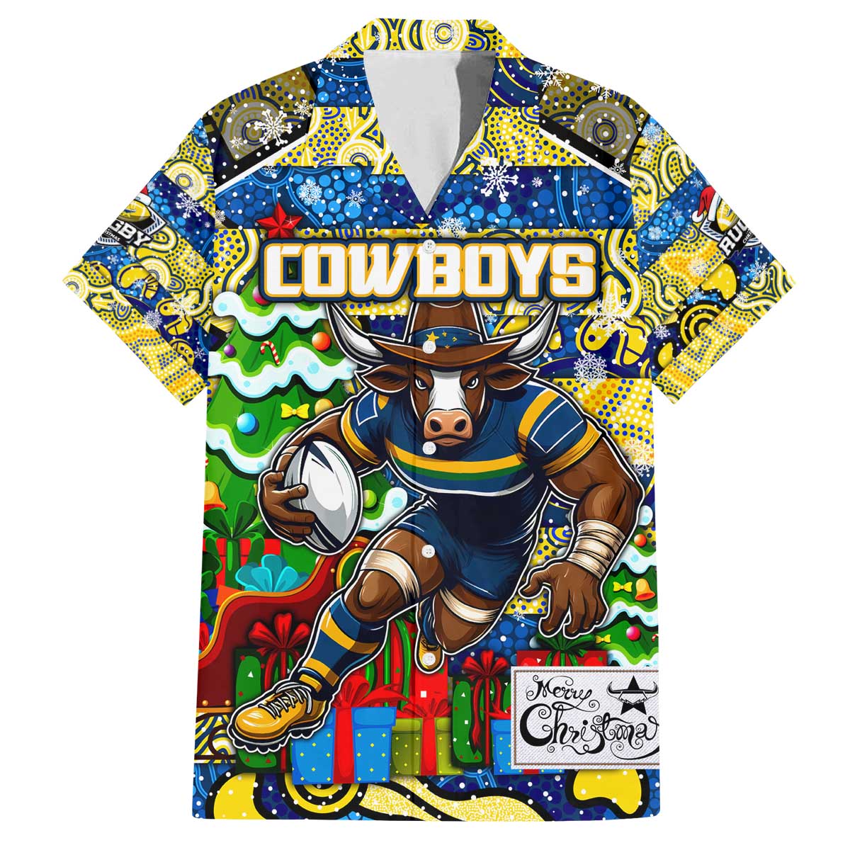 Custom Cowboys Rugby Merry Christmas Family Matching Off The Shoulder Long Sleeve Dress and Hawaiian Shirt Indigenous Australian Art
