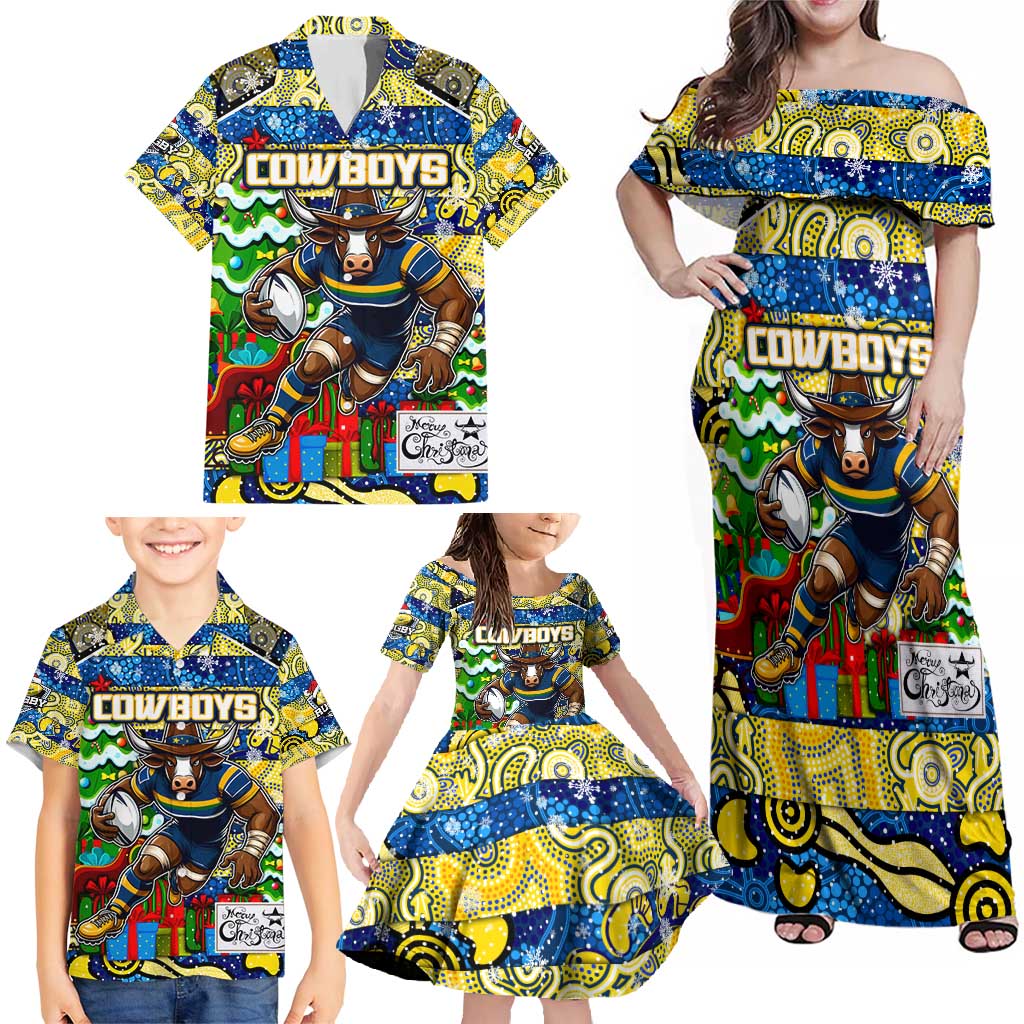 Custom Cowboys Rugby Merry Christmas Family Matching Off Shoulder Maxi Dress and Hawaiian Shirt Indigenous Australian Art