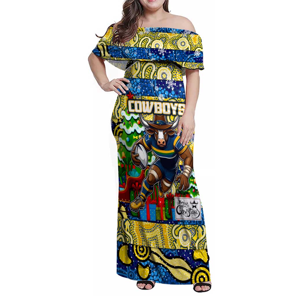 Custom Cowboys Rugby Merry Christmas Family Matching Off Shoulder Maxi Dress and Hawaiian Shirt Indigenous Australian Art
