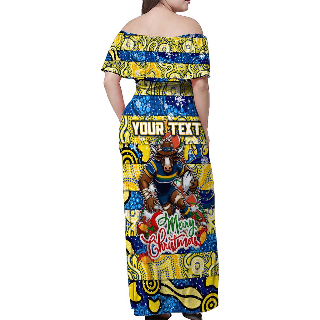 Custom Cowboys Rugby Merry Christmas Family Matching Off Shoulder Maxi Dress and Hawaiian Shirt Indigenous Australian Art