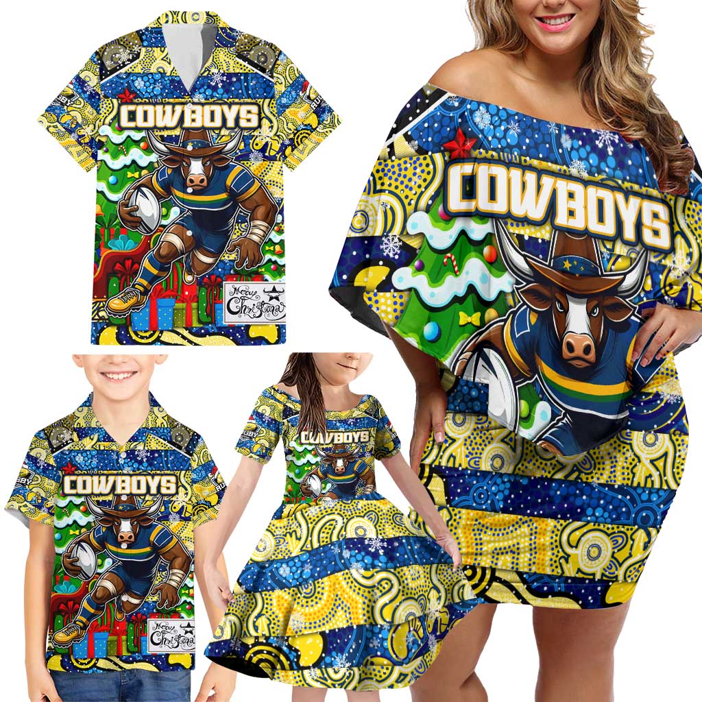 Custom Cowboys Rugby Merry Christmas Family Matching Off Shoulder Short Dress and Hawaiian Shirt Indigenous Australian Art