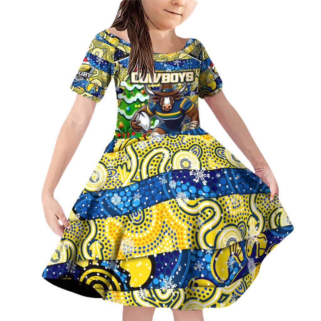 Custom Cowboys Rugby Merry Christmas Family Matching Off Shoulder Short Dress and Hawaiian Shirt Indigenous Australian Art