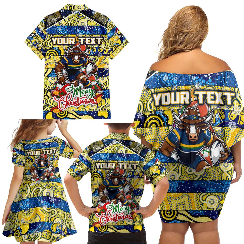 Custom Cowboys Rugby Merry Christmas Family Matching Off Shoulder Short Dress and Hawaiian Shirt Indigenous Australian Art