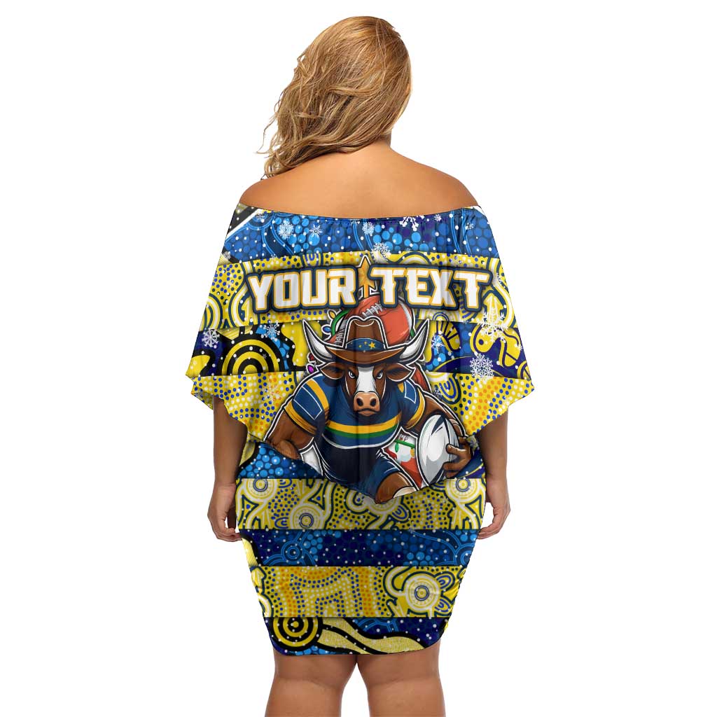Custom Cowboys Rugby Merry Christmas Family Matching Off Shoulder Short Dress and Hawaiian Shirt Indigenous Australian Art