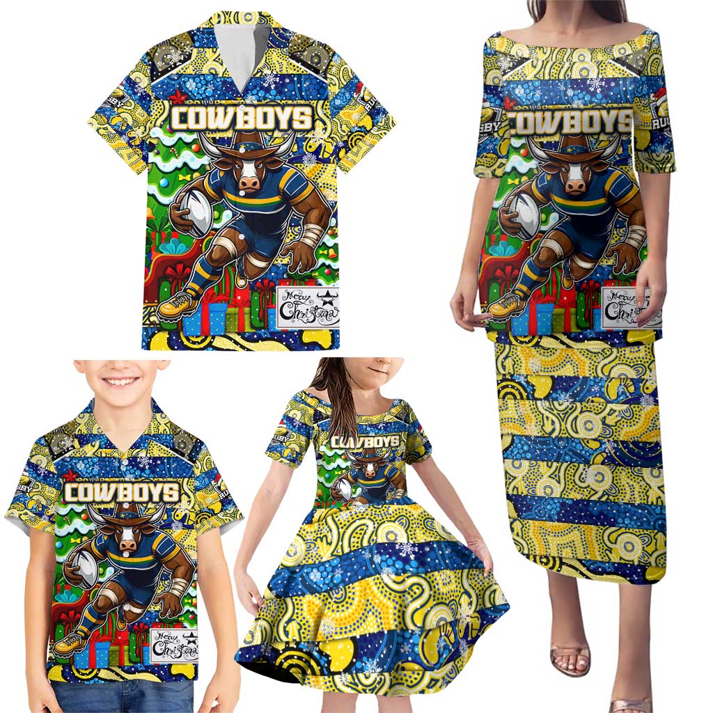 Custom Cowboys Rugby Merry Christmas Family Matching Puletasi and Hawaiian Shirt Indigenous Australian Art