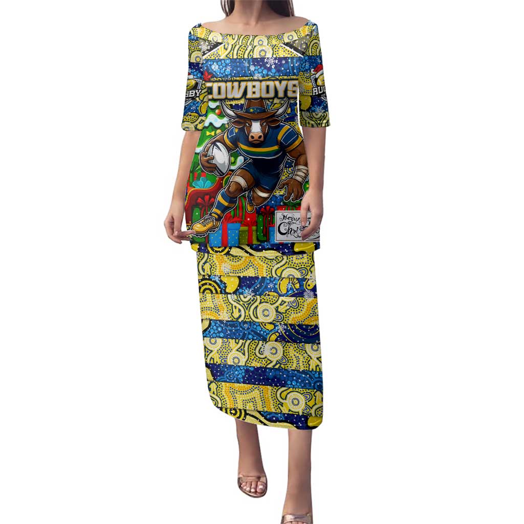 Custom Cowboys Rugby Merry Christmas Family Matching Puletasi and Hawaiian Shirt Indigenous Australian Art