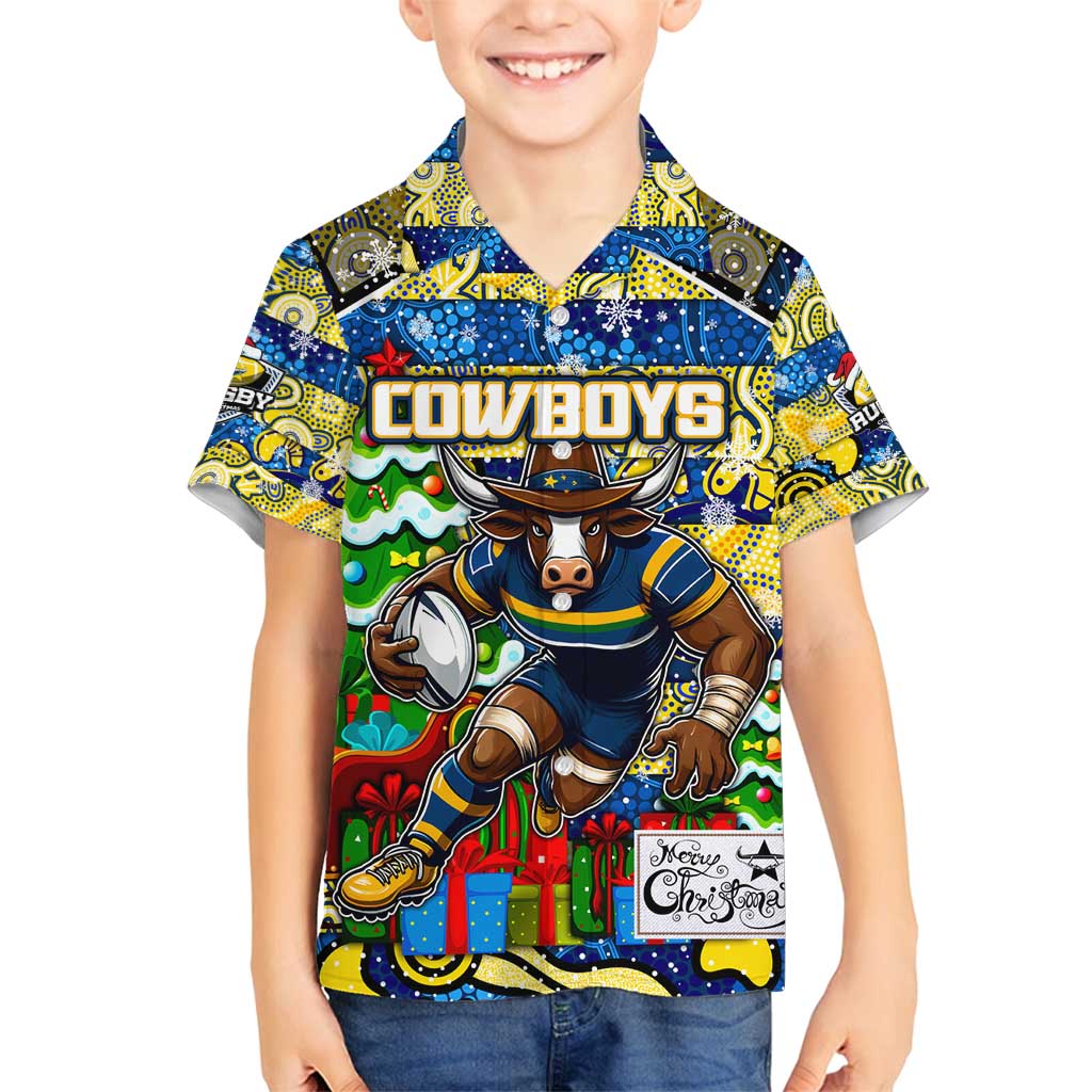 Custom Cowboys Rugby Merry Christmas Family Matching Puletasi and Hawaiian Shirt Indigenous Australian Art